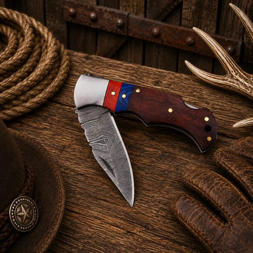 Custom Damascus steel pocket knife with hardwood scales, secure back lock mechanism, and premium leather sheath.