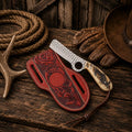 Handcrafted ranch bull cutter knife with D2 rasp steel blade and ram horn handle with leather belt sheath