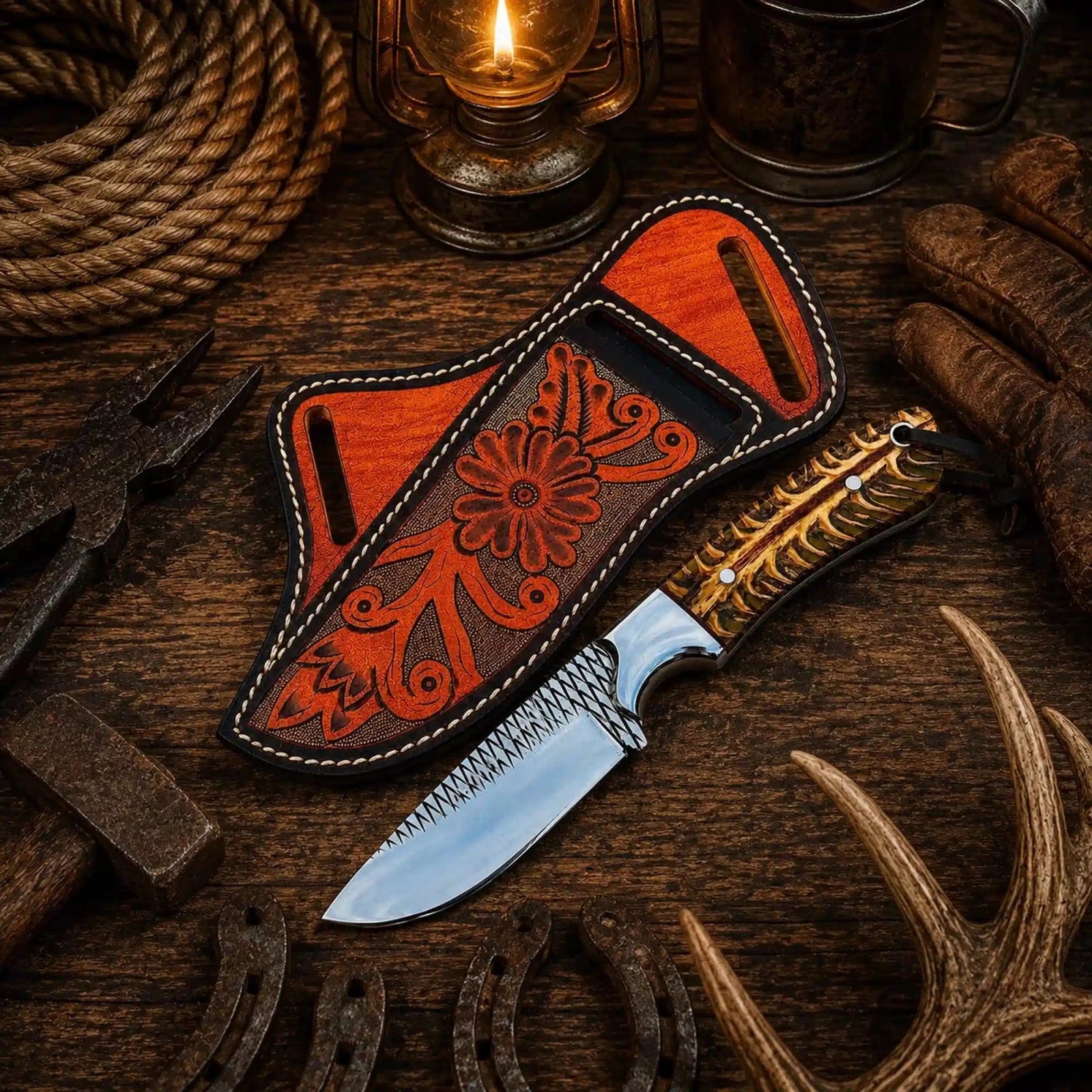 Handcrafted ranch skinning knife with rasp steel blade and pine cone handle with floral hand-tooled back belt sheath