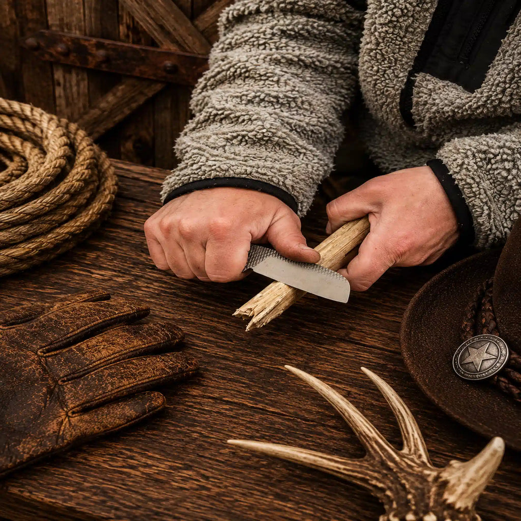 Custom handmade Rodeo Carry Knife with razor-sharp 3.75-inch Rasp Steel blade, buffalo horn scales, and premium leather pancake belt sheath.