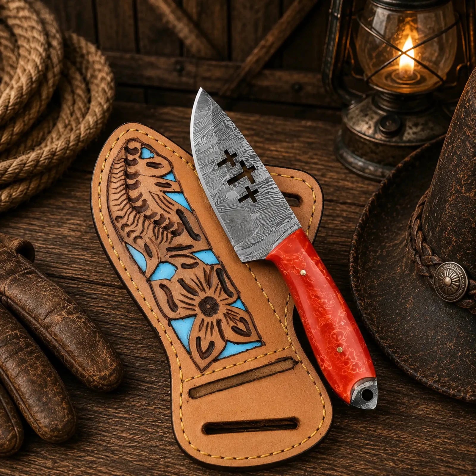 Handcrafted Sheath Knife – 4” Cross Damascus Blade EDC - SHAM KNIVESCowboy KnifeSHAM KNIVESHandcrafted sheath knife with 4-inch Damascus cross blade and leather sheath