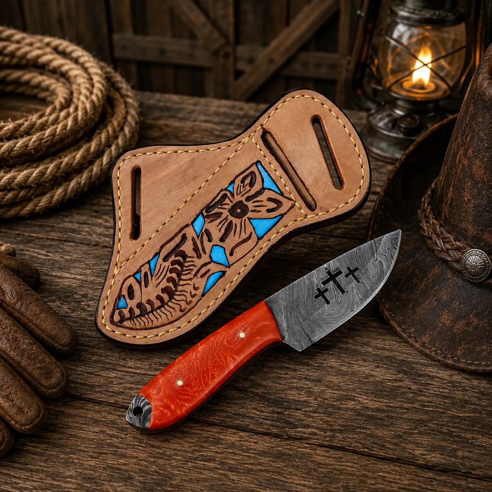 Handcrafted Sheath Knife – 4” Cross Damascus Blade EDC - SHAM KNIVESCowboy KnifeSHAM KNIVESWestern belt carry knife with Damascus blade and floral leather sheath