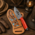 Handcrafted sheath knife with 4-inch Damascus cross blade and leather sheath