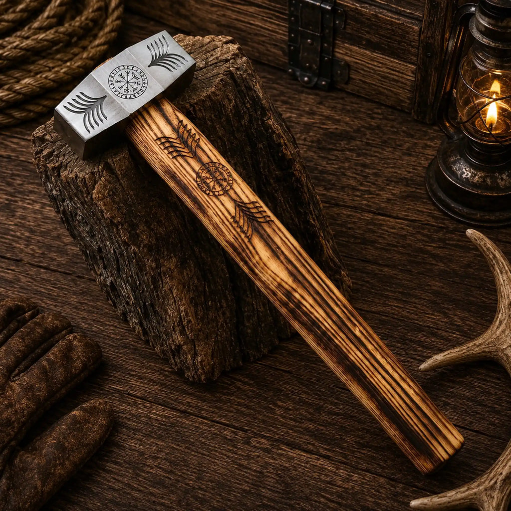 Polished steel hammer head engraved with Vegvísir and wing designs