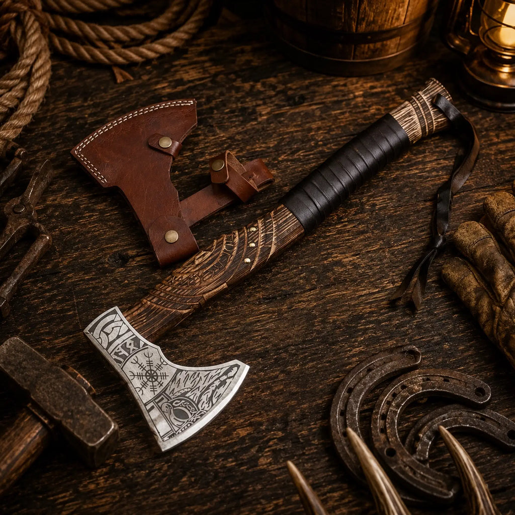 Handcrafted Viking axe with 1095 high carbon steel head and carved ash wood handle