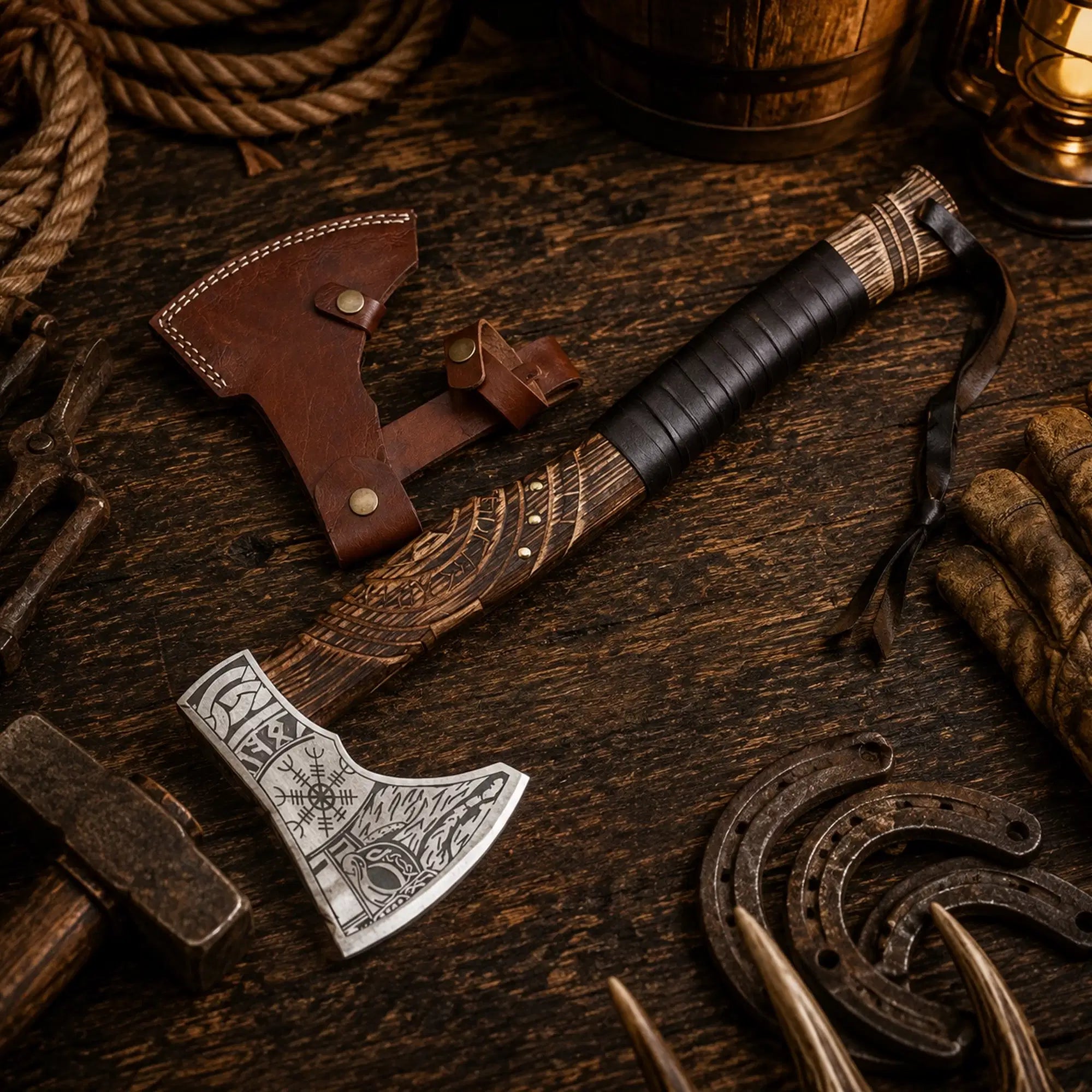 Handcrafted Viking axe with 1095 high carbon steel head and carved ash wood handle