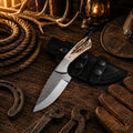 Handcrafted Western Cowboy Field Knife with 4-inch Farrier Rasp steel blade and genuine stag handle with horizontal leather belt sheath.
