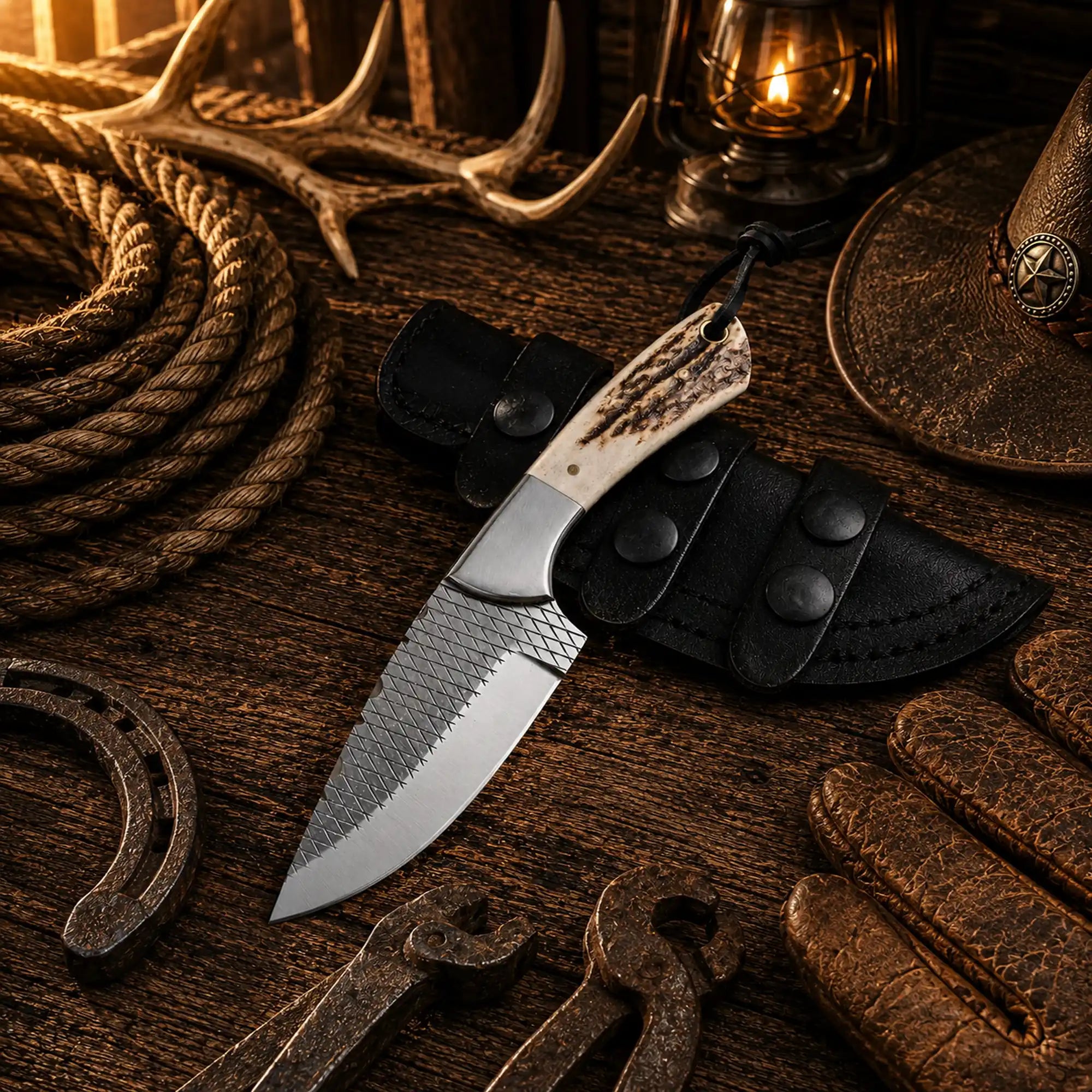 Handcrafted Western Cowboy Field Knife with 4-inch Farrier Rasp steel blade and genuine stag handle with horizontal leather belt sheath.