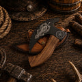 Handforged Viking pizza cutter axe with leather sheath and burnt ash wood handle