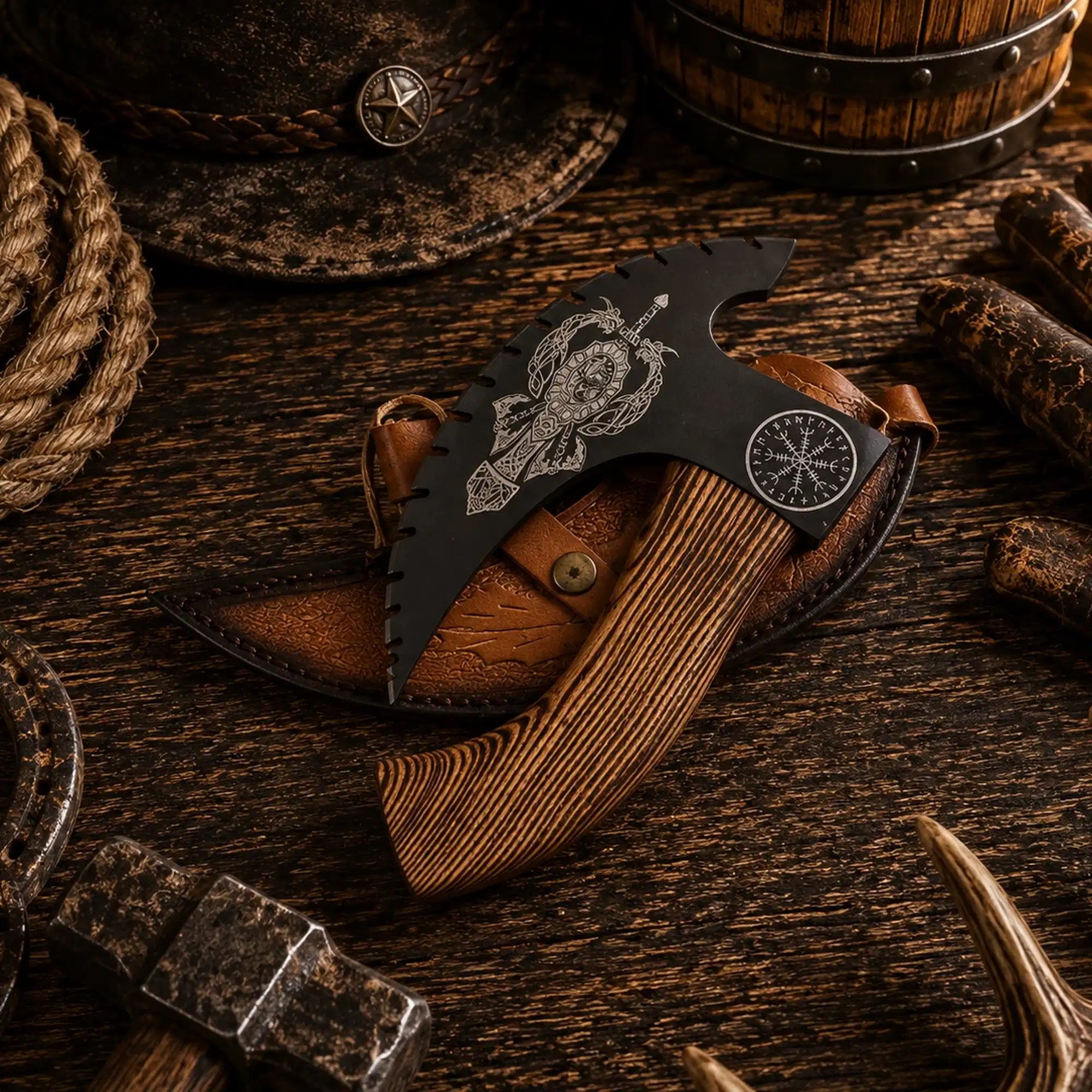 Handforged Viking pizza cutter axe with leather sheath and burnt ash wood handle