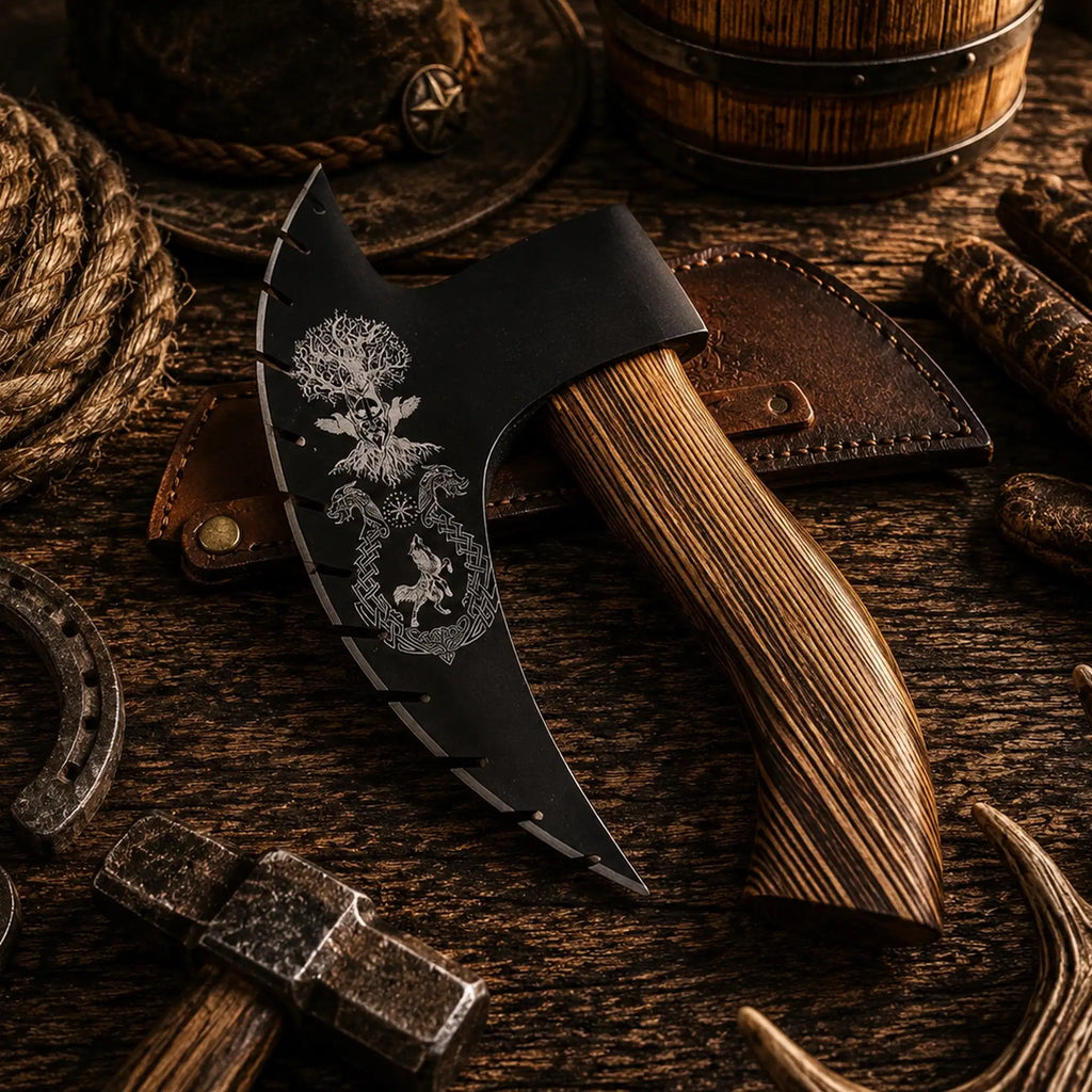 Handforged Viking pizza cutter axe with burnt ash wood handle