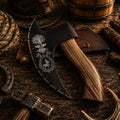 Handforged Viking pizza cutter axe with burnt ash wood handle