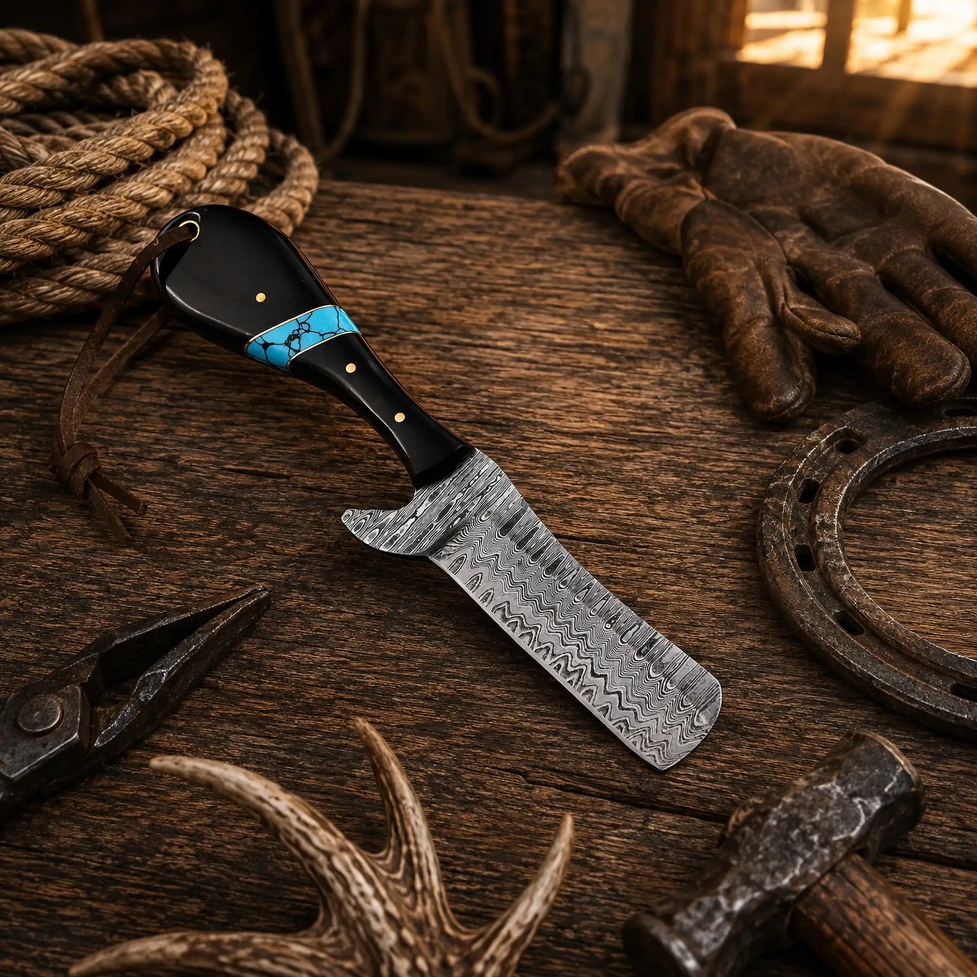 Handmade Western cowboy Damascus hunting knife featuring a buffalo horn handle and turquoise inlay.