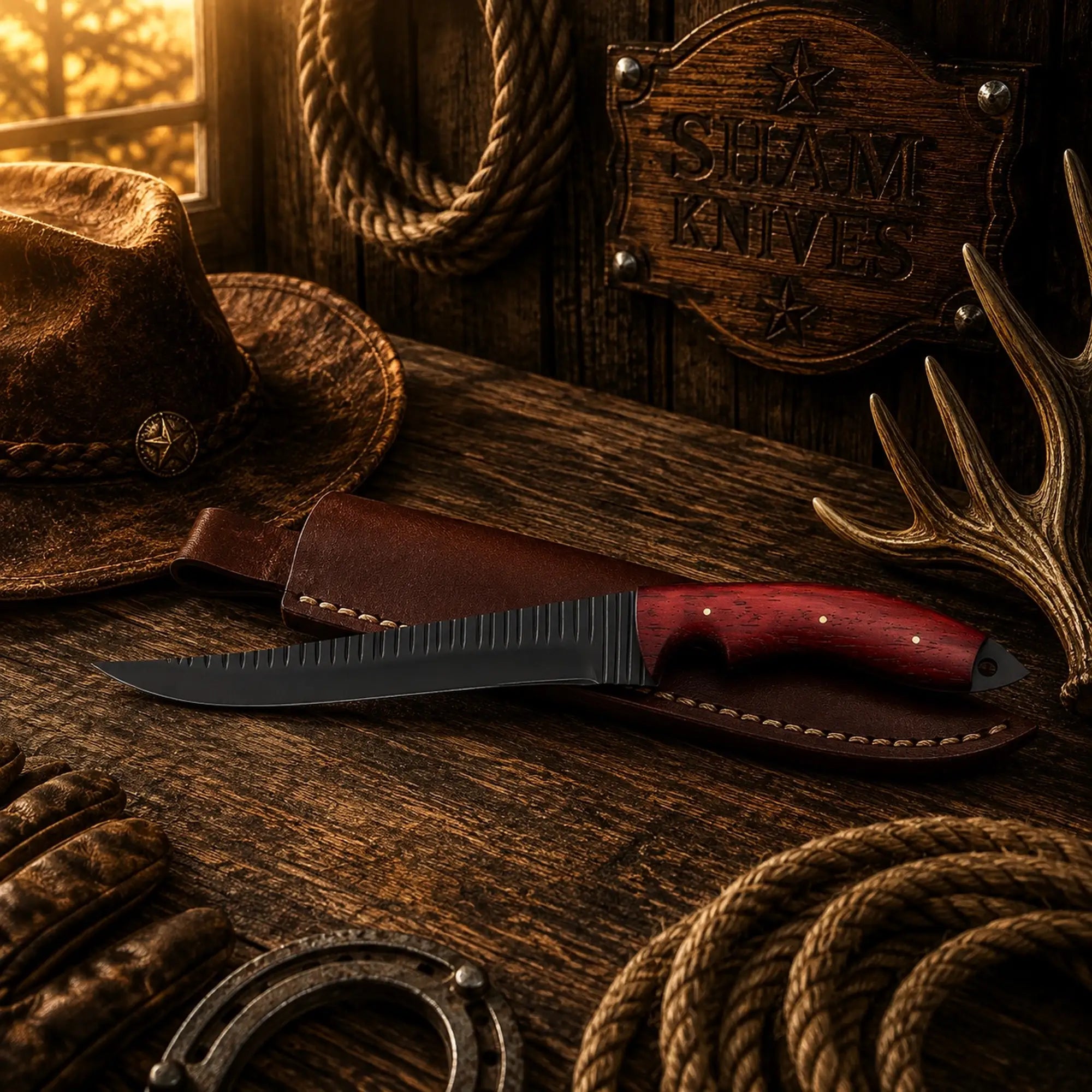 13 inch 1095 steel fishing knife with dark blade and Padauk handle