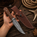 Handmade 11" Feather Damascus Bowie Knife with Rosewood Handle & Leather Sheath - SHAM KNIVESBowie knifeSHAM KNIVESHandmade Feather Damascus Bowie Knife with Rosewood Handle
