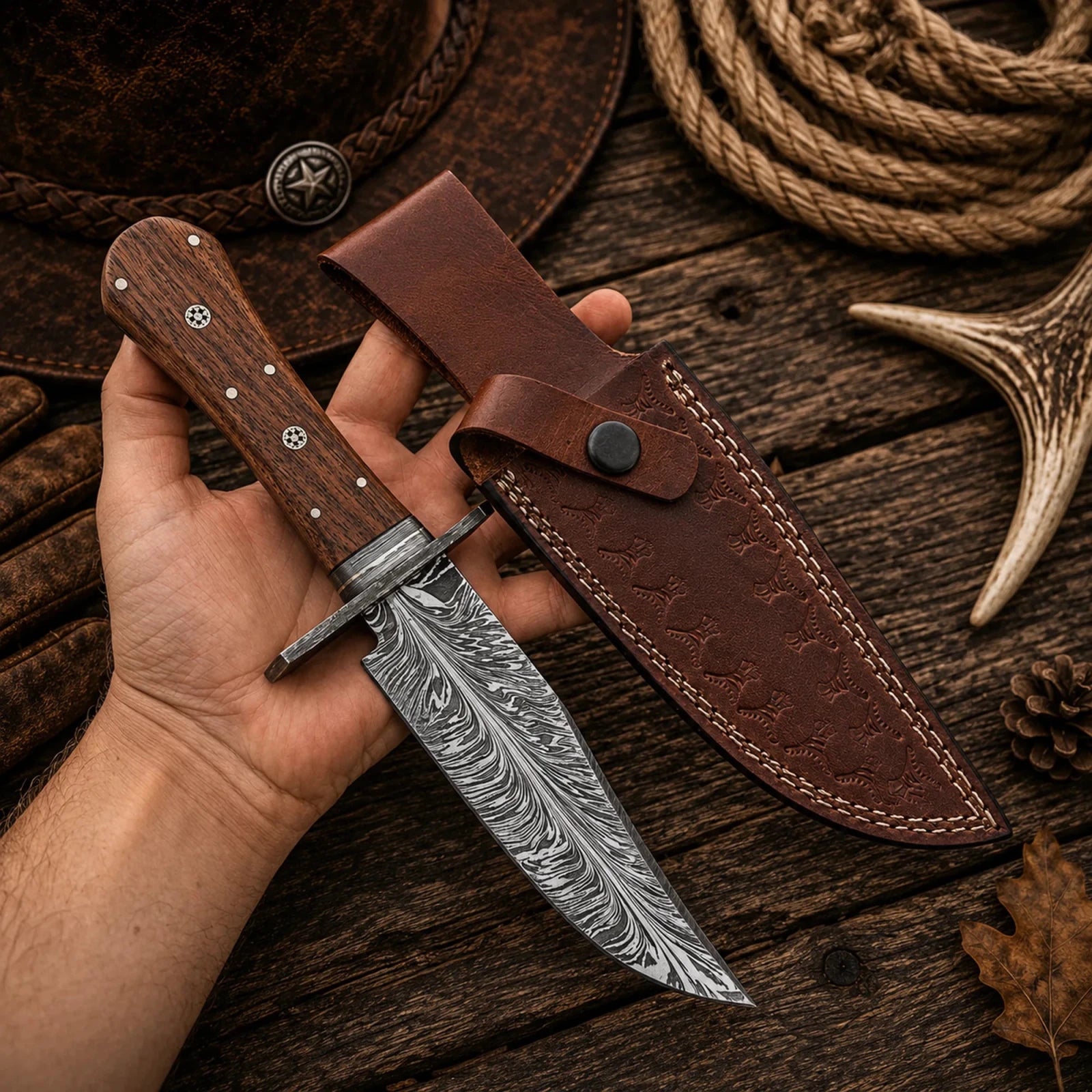 Handmade 11" Feather Damascus Bowie Knife with Rosewood Handle & Leather Sheath - SHAM KNIVESBowie knifeSHAM KNIVESHandmade Feather Damascus Bowie Knife with Rosewood Handle