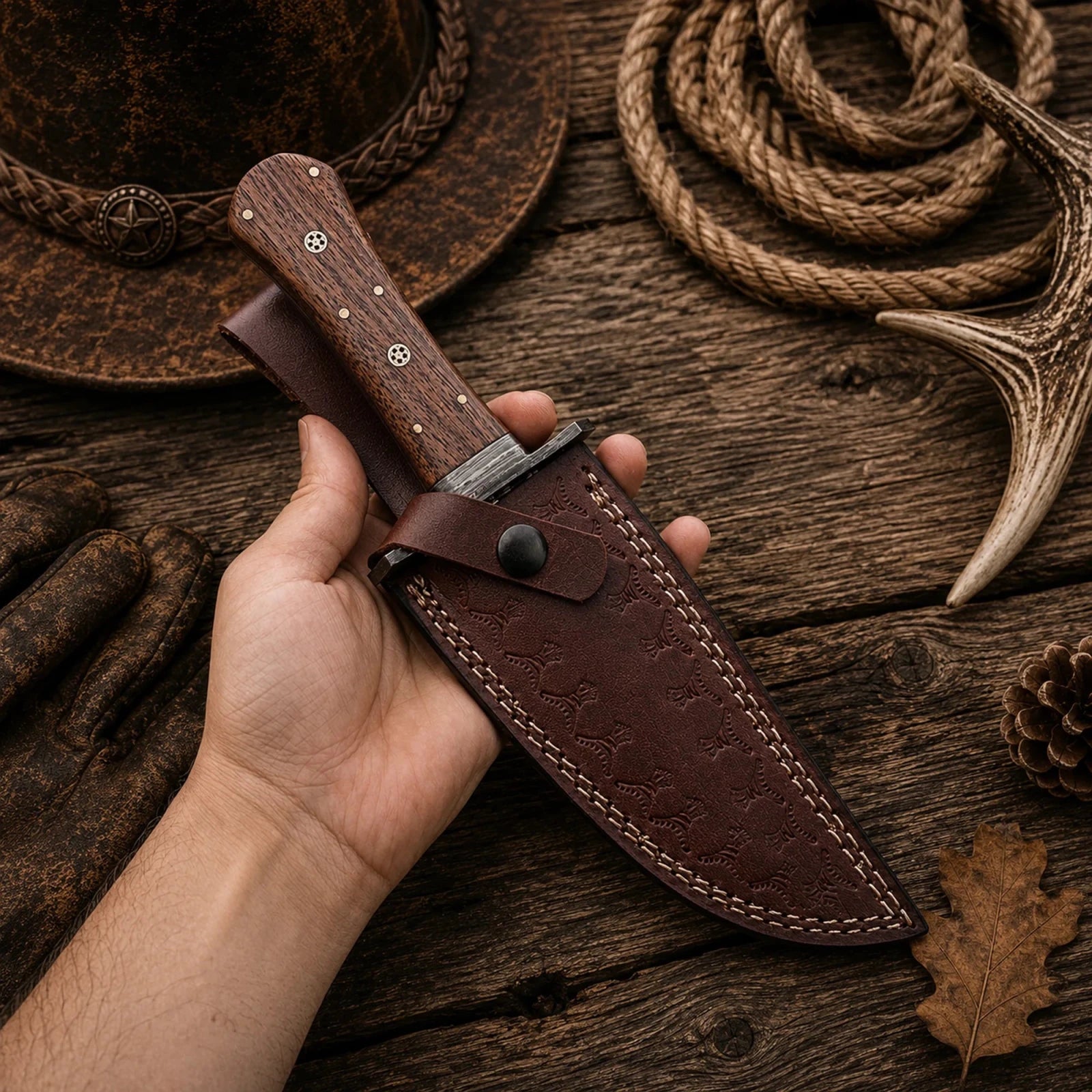 Handmade 11" Feather Damascus Bowie Knife with Rosewood Handle & Leather Sheath - SHAM KNIVESBowie knifeSHAM KNIVES11 Inch Damascus Hunting Bowie Knife with Leather Sheath