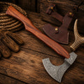 Handmade 512-layer Damascus steel axe with hardwood handle and genuine leather sheath.