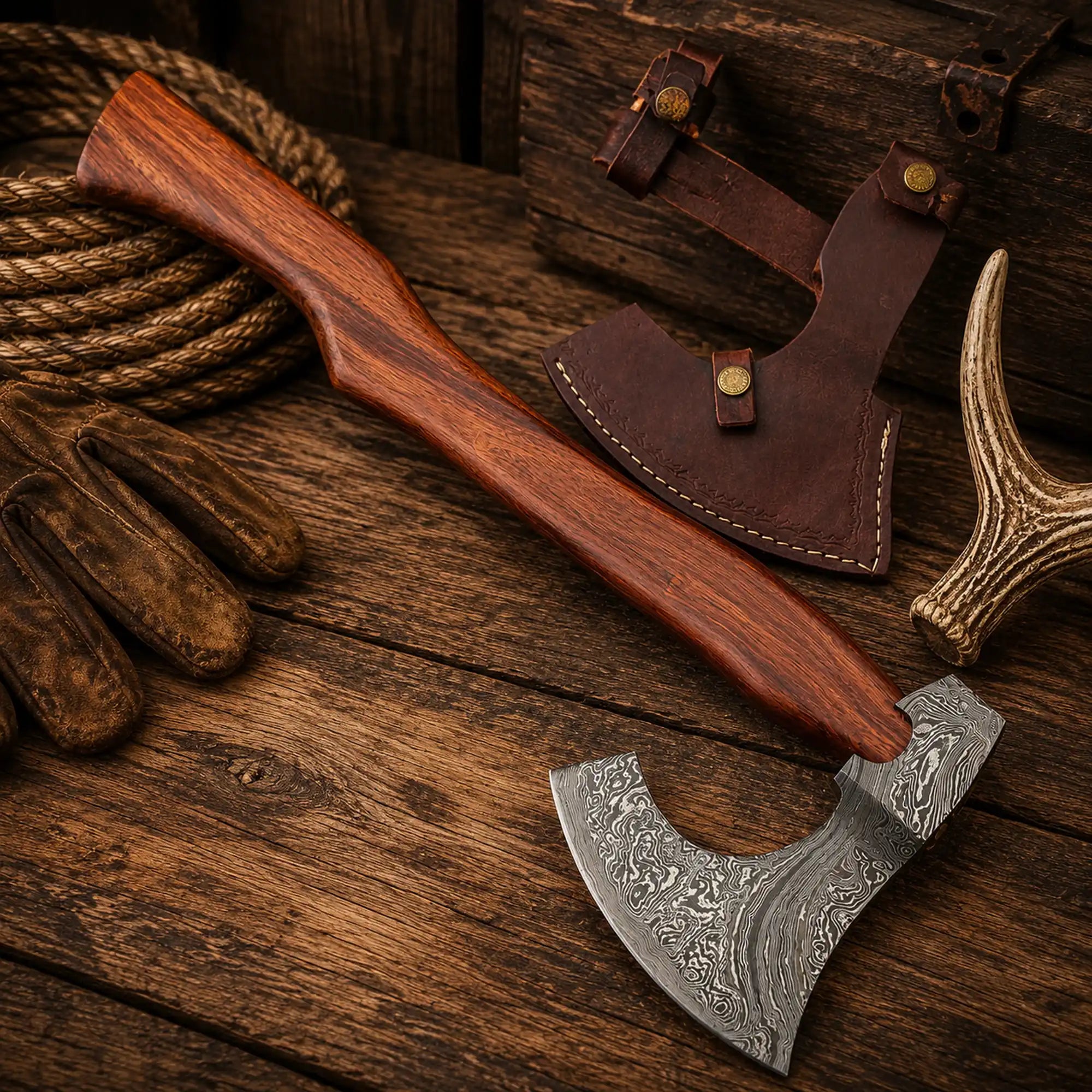 Handmade 512-layer Damascus steel axe with hardwood handle and genuine leather sheath.