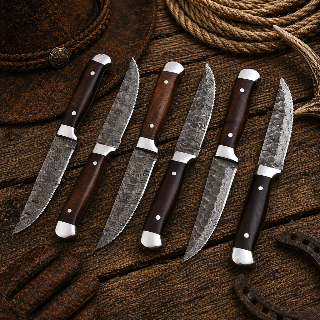 Handmade 6-piece Damascus steak knife set with rosewood handles