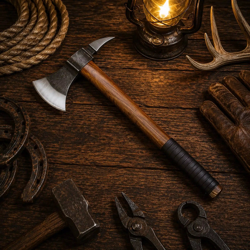 Handmade Black Hawk tomahawk axe with rosewood handle and leather sheath