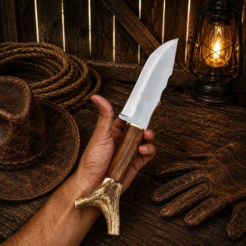 Frontier inspired handmade Bowie knife with rustic antler handle close up
