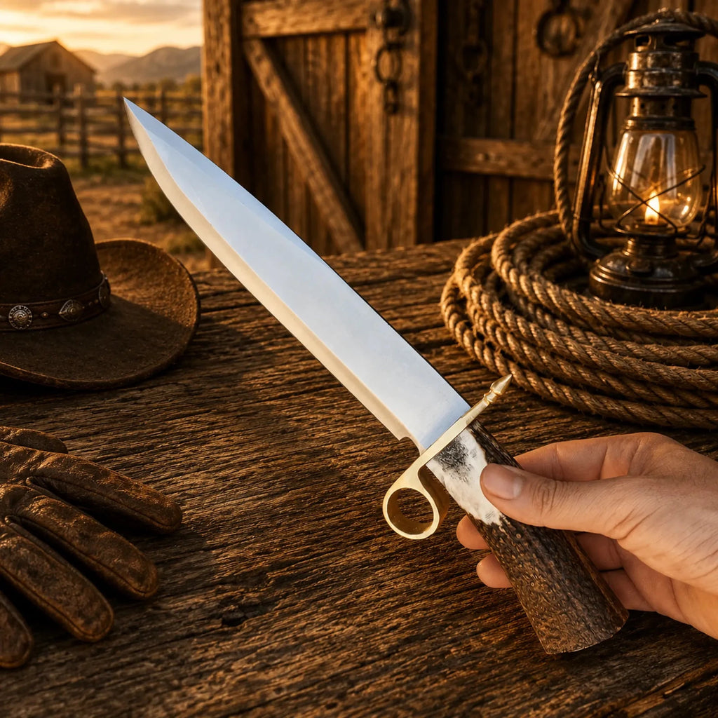 Handmade Bowie Knife D2 Steel Real Stag Antler Handle - SHAM KNIVESBowie knifeSHAM KNIVESD2 steel hunting knife on rustic western wooden table