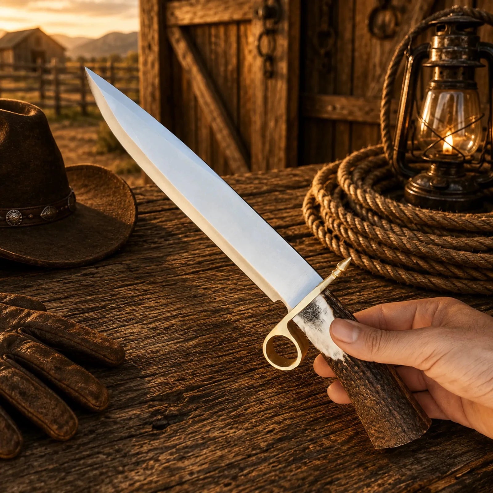 Handmade Bowie Knife D2 Steel Real Stag Antler Handle - SHAM KNIVESBowie knifeSHAM KNIVESD2 steel hunting knife on rustic western wooden table