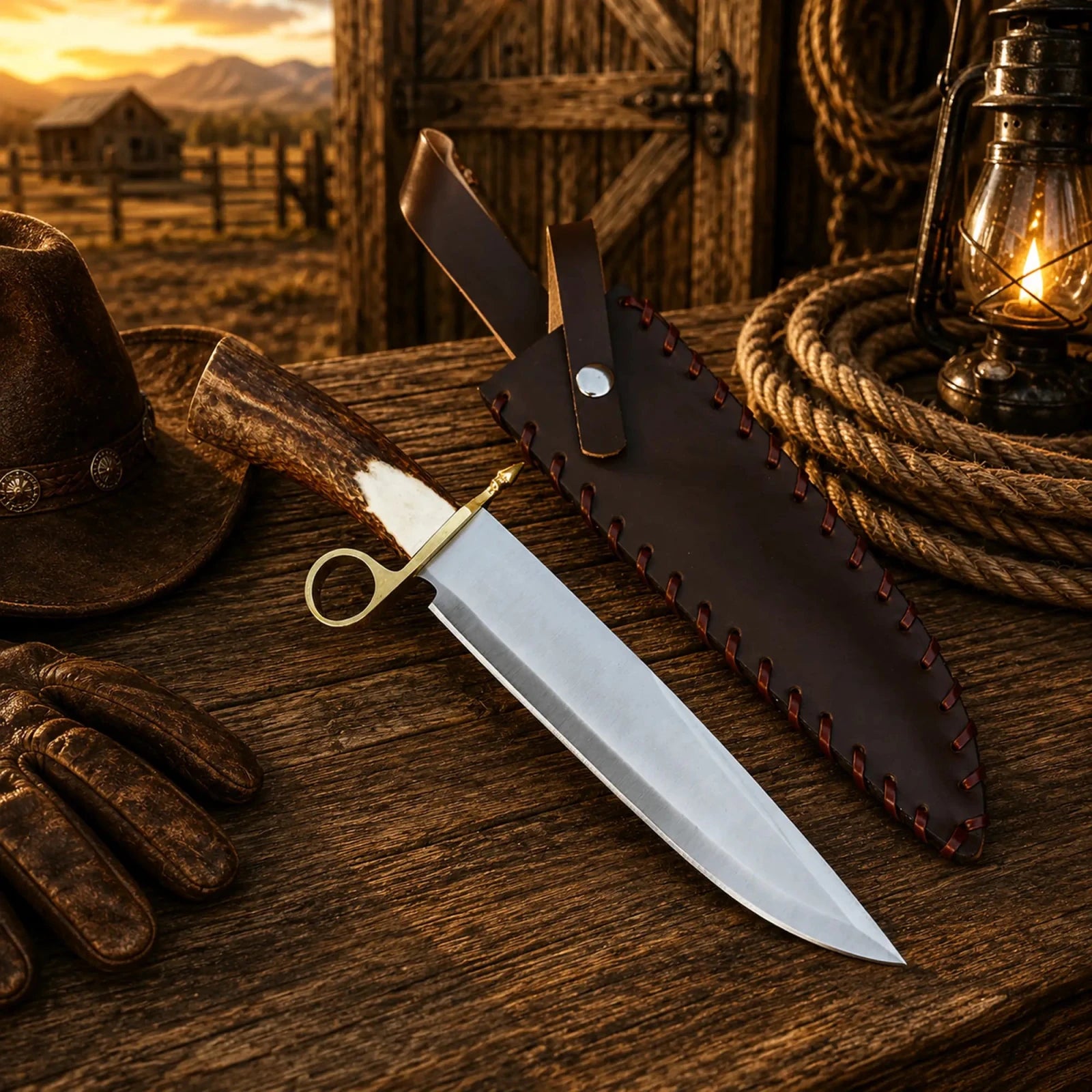 Handmade Bowie Knife D2 Steel Real Stag Antler Handle - SHAM KNIVESBowie knifeSHAM KNIVESFull tang bowie knife with leather sheath and antler grip
