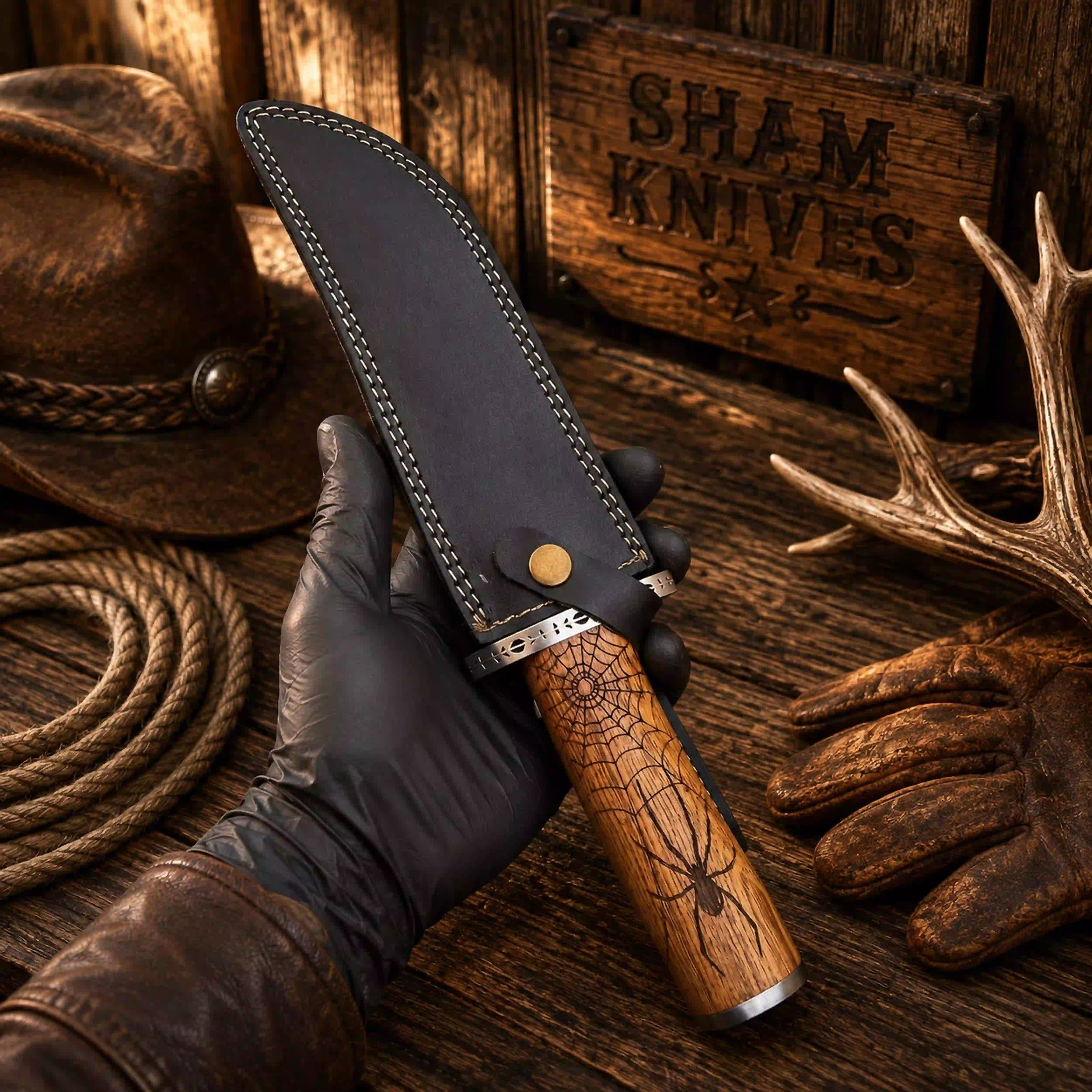 Eight-inch patterned steel blade with an upswept Bowie-style point