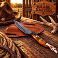 Handmade Buckaroo Belt Knife – 3.5” Raindrop Damascus Blade with Pancake Leather Pouch - SHAM KNIVESBuckaroo KnifeSHAM KNIVESHandmade Buckaroo belt knife with raindrop Damascus blade
