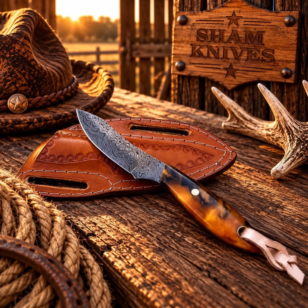 Handmade Buckaroo Belt Knife – 3.5” Raindrop Damascus Blade with Pancake Leather Pouch - SHAM KNIVESBuckaroo KnifeSHAM KNIVESHandmade Buckaroo belt knife with raindrop Damascus blade