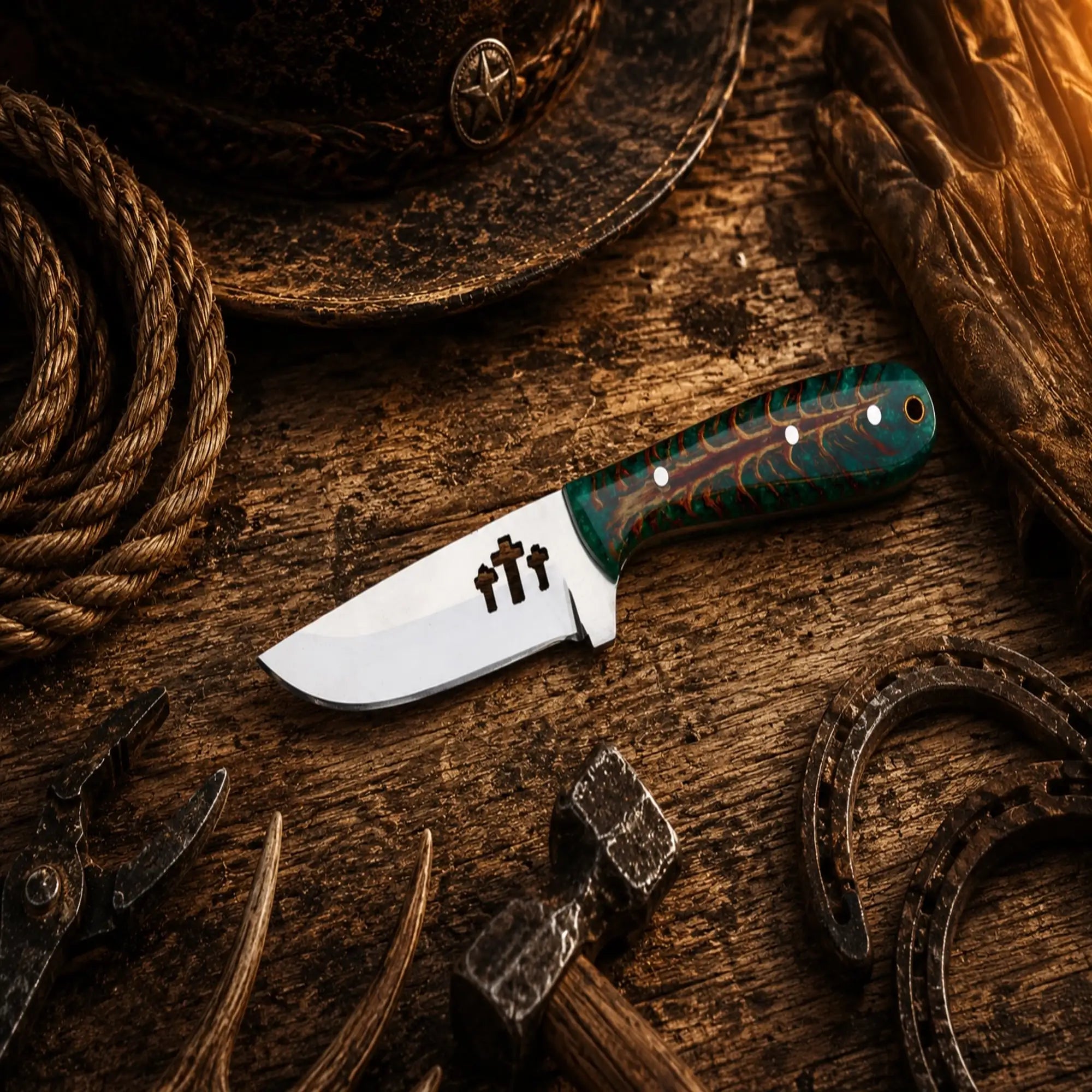 Handmade Western cowboy knife with green pinecone resin handle