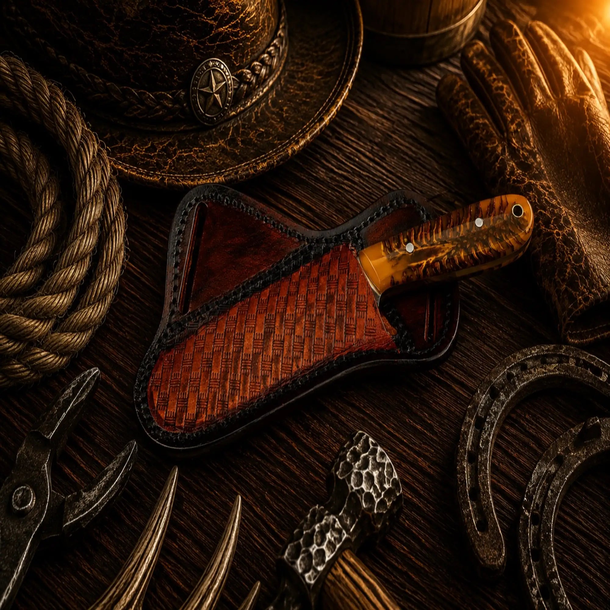 Handmade Western buckaroo knife with stabilized pinecone resin handle