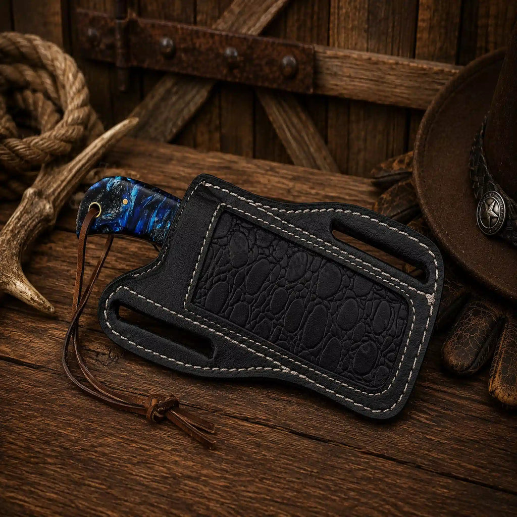 Custom 7.5-inch Bull Cutter Knife featuring a razor-sharp 3.5-inch Rasp File D2 steel blade, blue epoxy resin handle, and handcrafted leather pancake sheath.