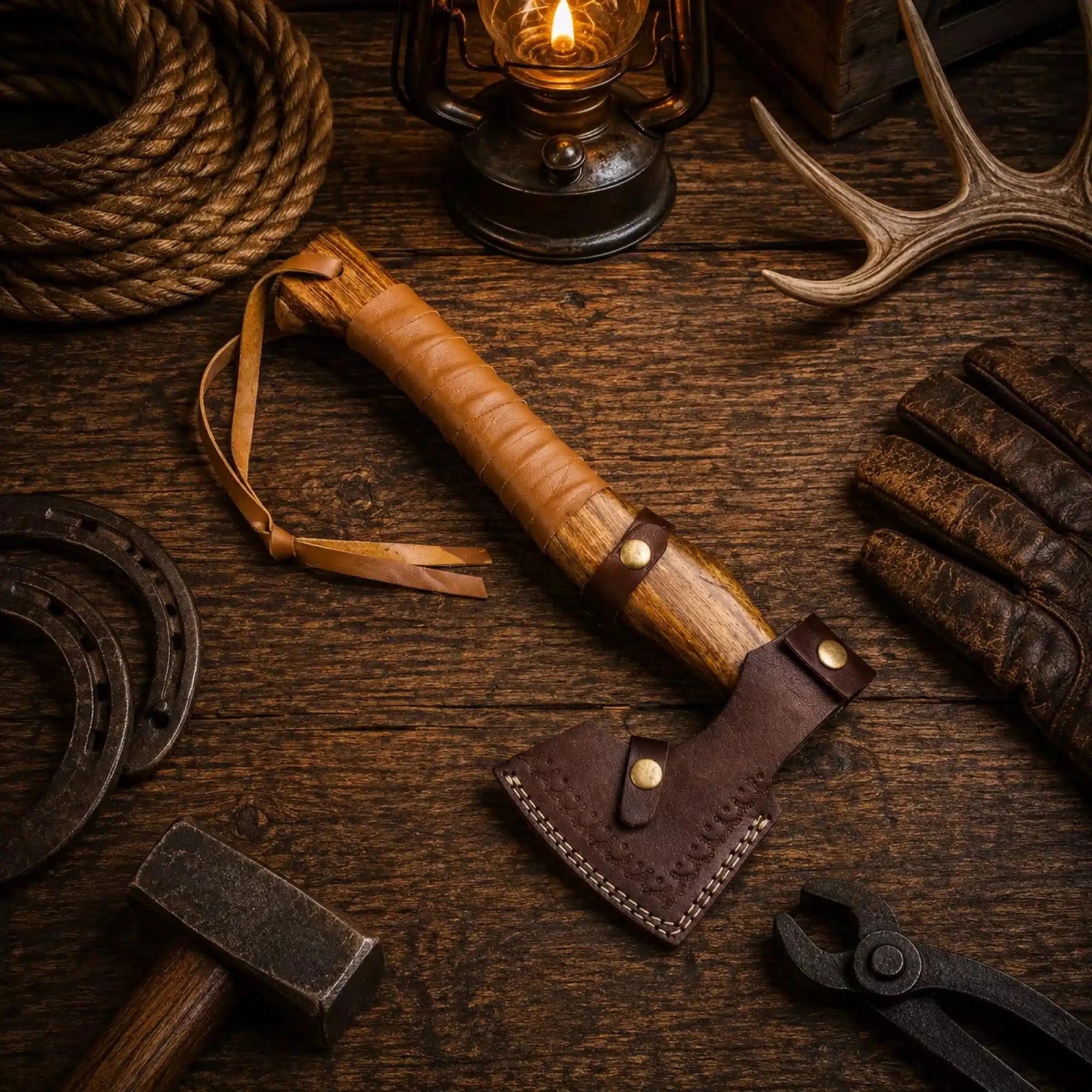 Carbon steel hatchet with 6 inch head and natural walnut handle