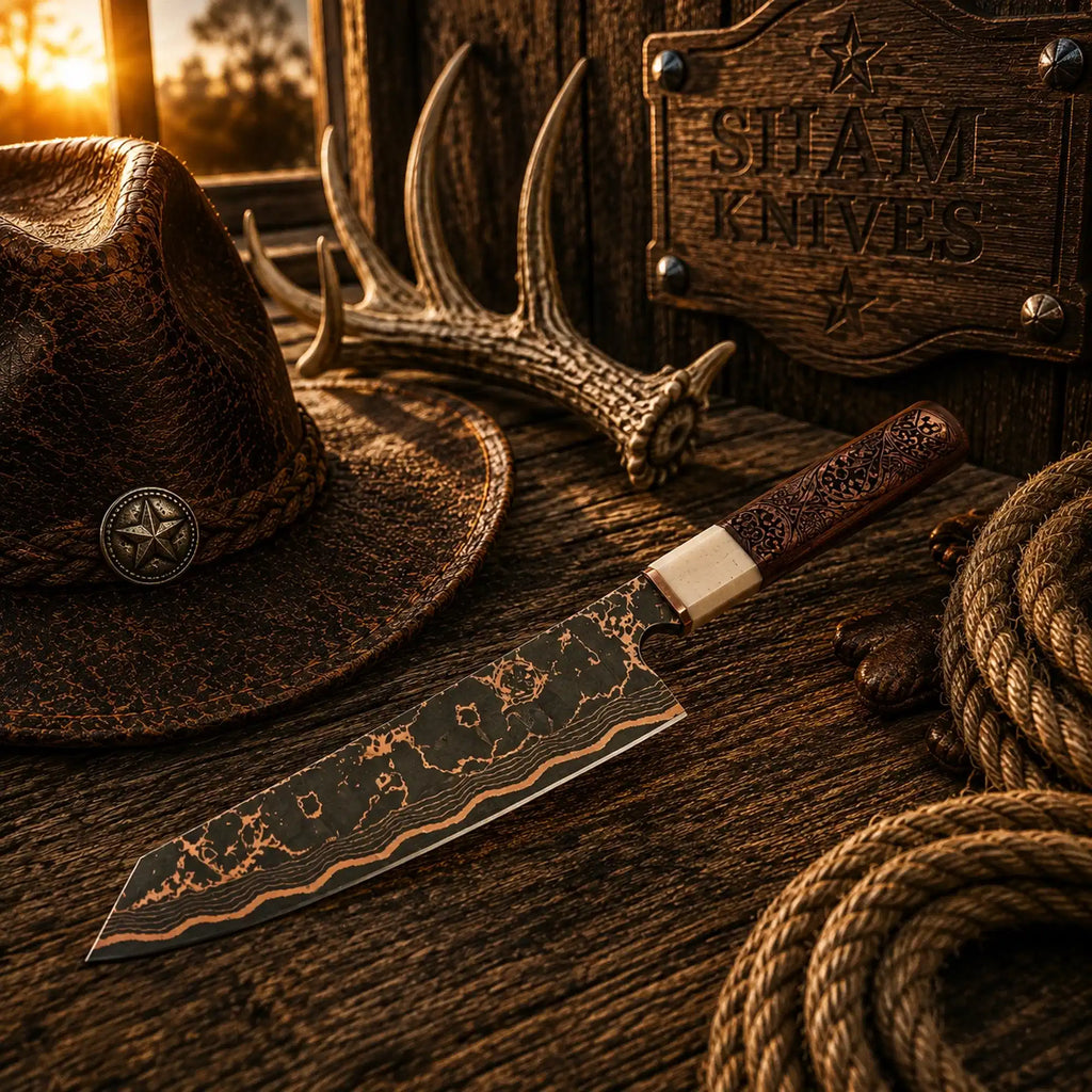 Handmade carbon steel chef knife with copper Damascus pattern blade