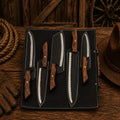 Handmade carbon steel chef knife set with leather roll and wood handles
