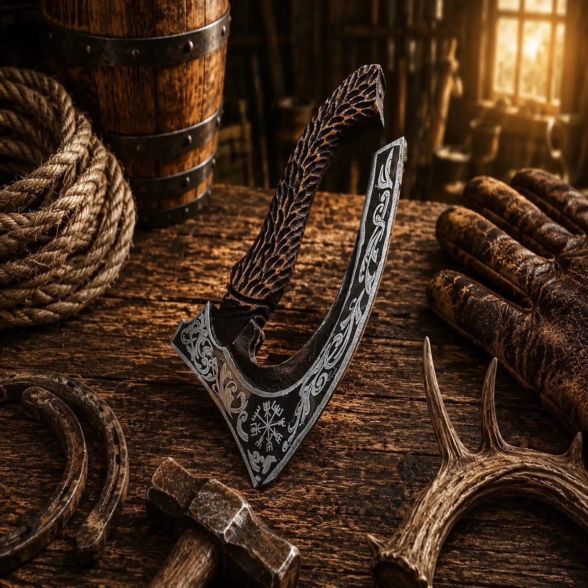 Handmade Carbon Steel Pizza Cutter Axe – Carved Rosewood Handle - SHAM KNIVESpizza cutter axeSHAM KNIVESLarge 12 inch carbon steel pizza axe with Nordic engraved blade