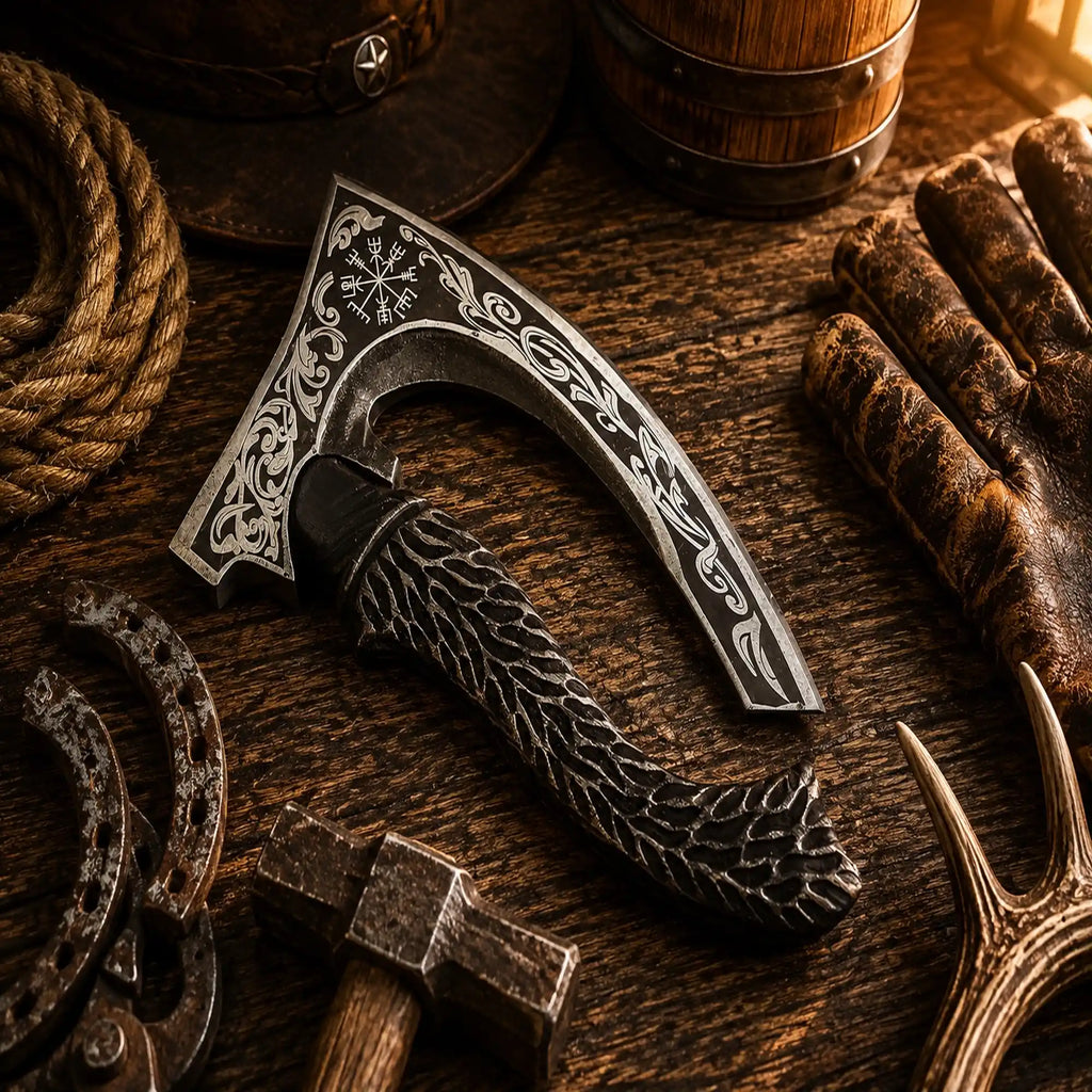 Handmade carbon steel pizza cutter axe with carved rosewood handle