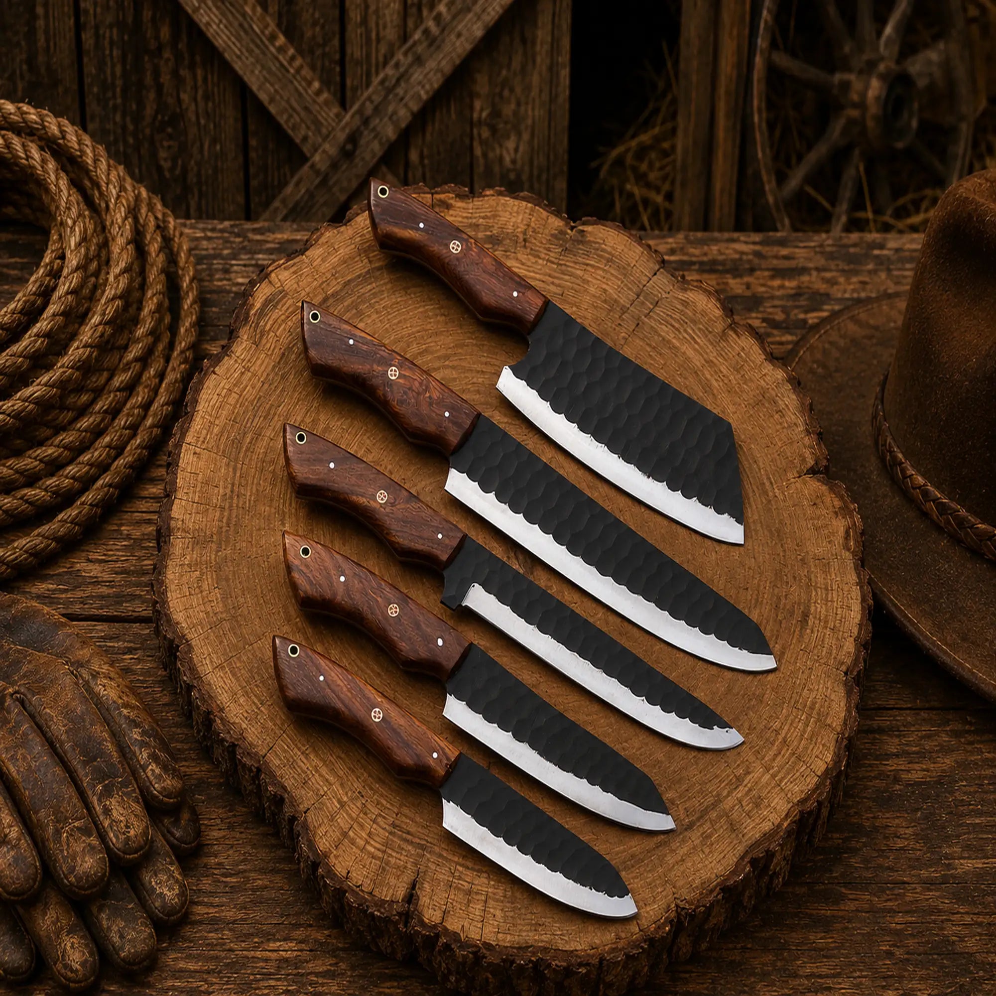 5-piece chef knife collection with leather carrying roll