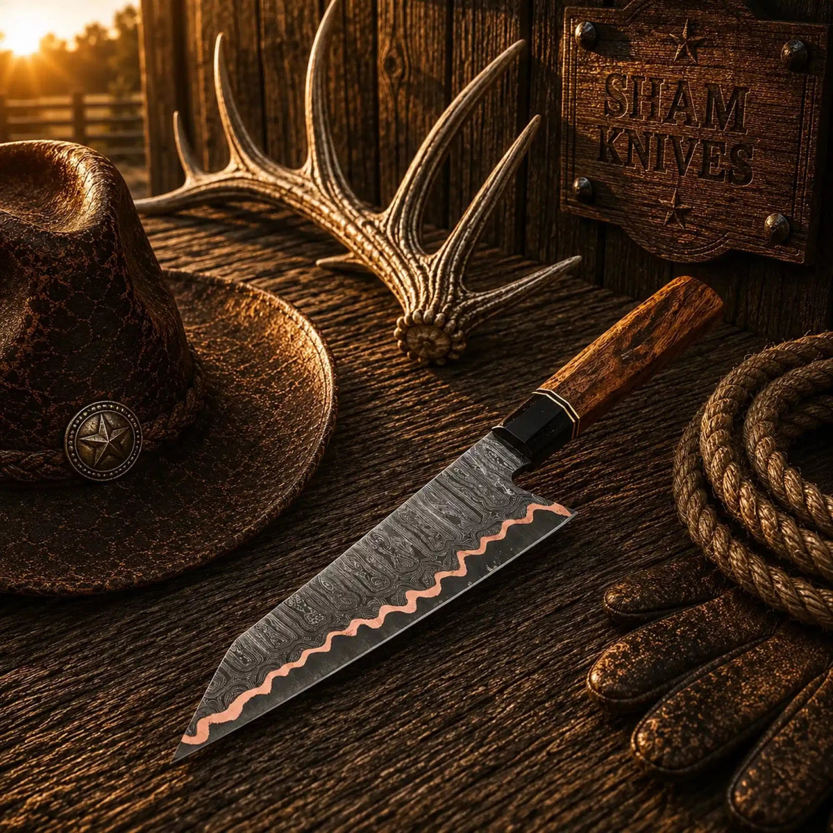 Handmade Copper Damascus Chef Knife – Octagonal Rosewood Handle - SHAM KNIVESCopper Damascus Chef knifeSHAM KNIVESHandmade Copper Damascus chef knife with octagonal rosewood handle