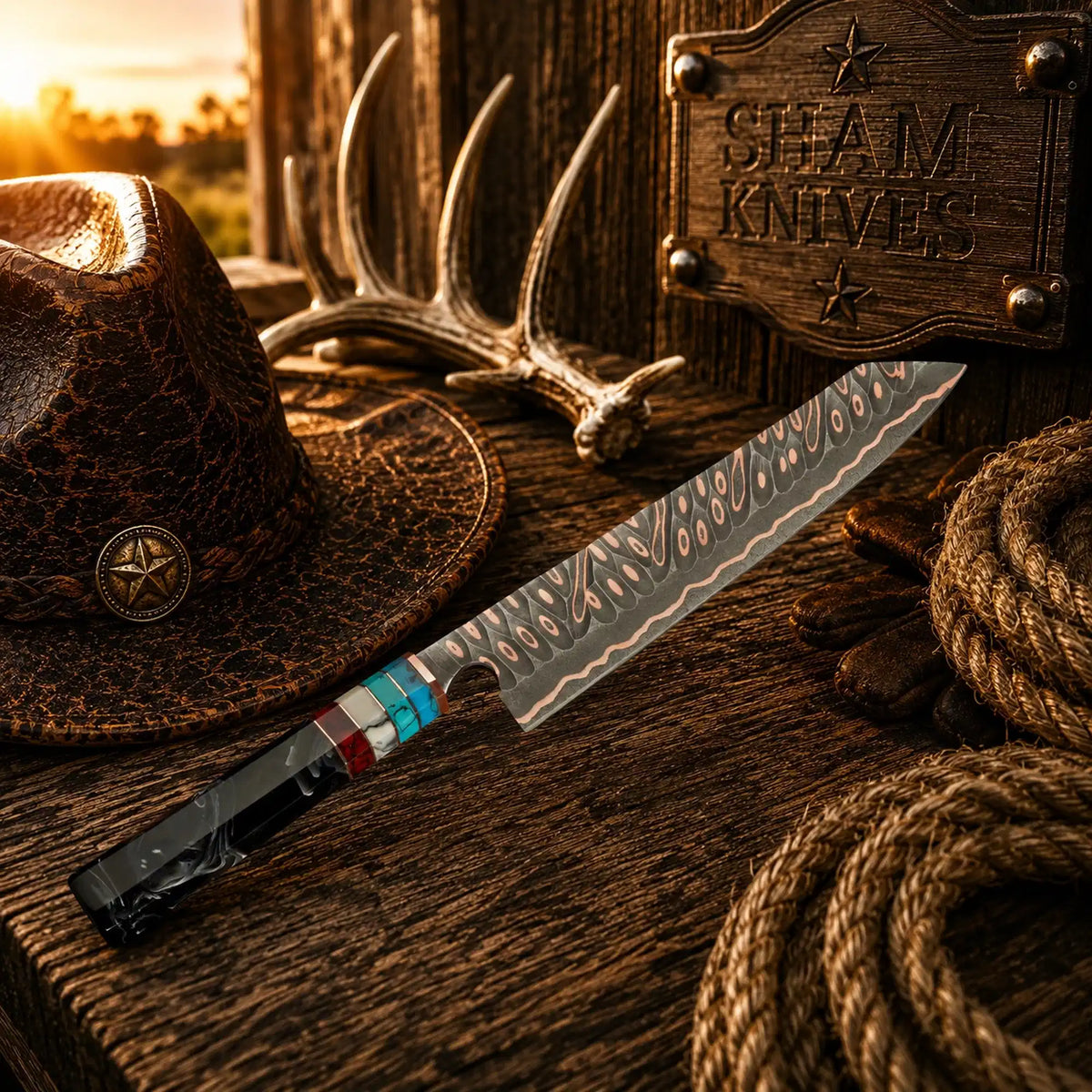 Handmade copper Damascus chef knife with dark patterned blade