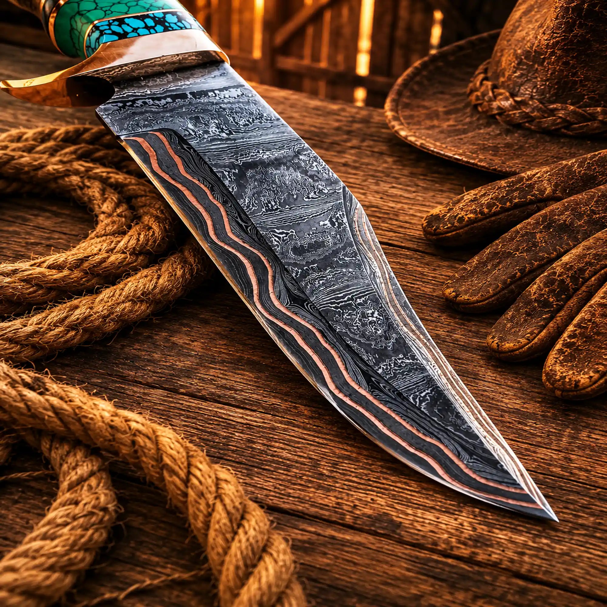 Premium Damascus hunting knife with turquoise and resin handle