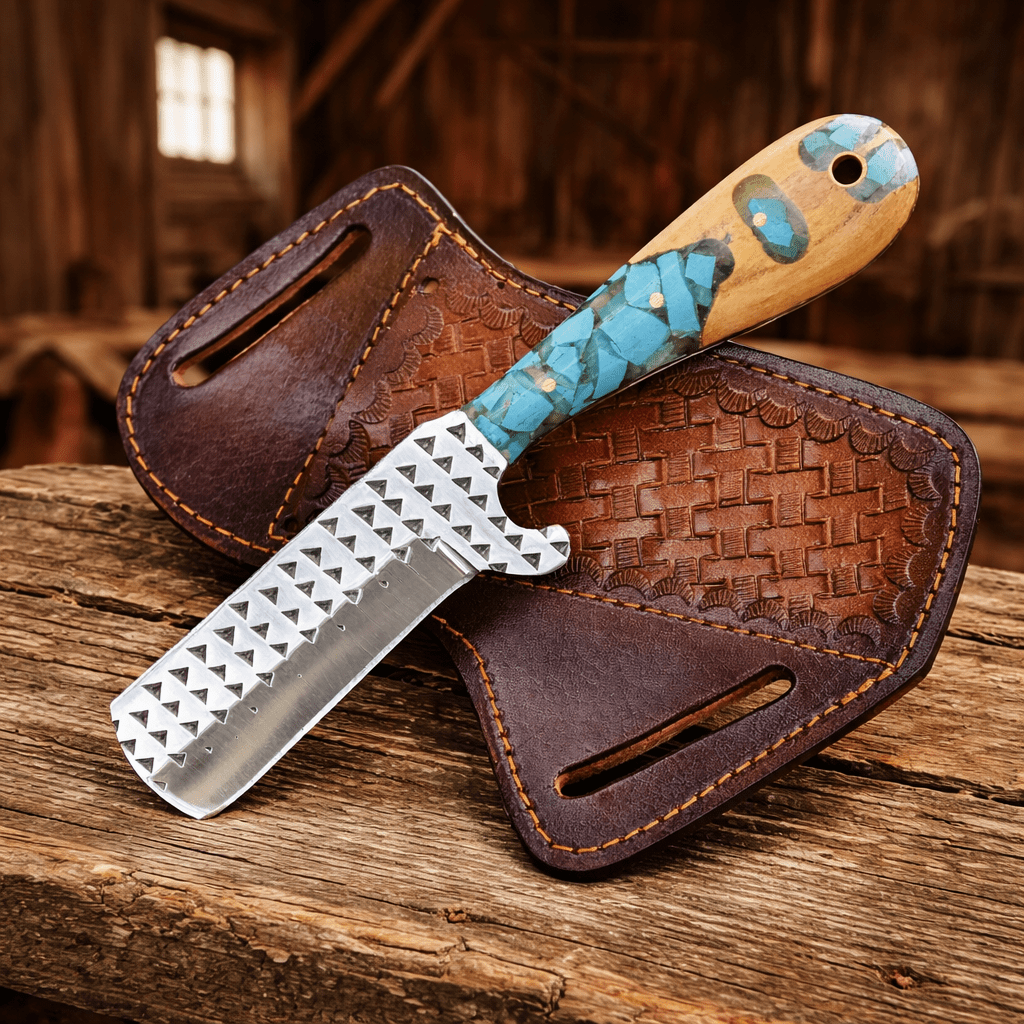 Handmade Cowboy Bull Cutter Knife – Rasp File Steel Blade with Turquoise & Wood Handle - SHAM KNIVES Hunting KnifesSHAM KNIVESHandmade Cowboy Bull Cutter Knife – Rasp File Steel Blade with Turquoise & Wood Handle