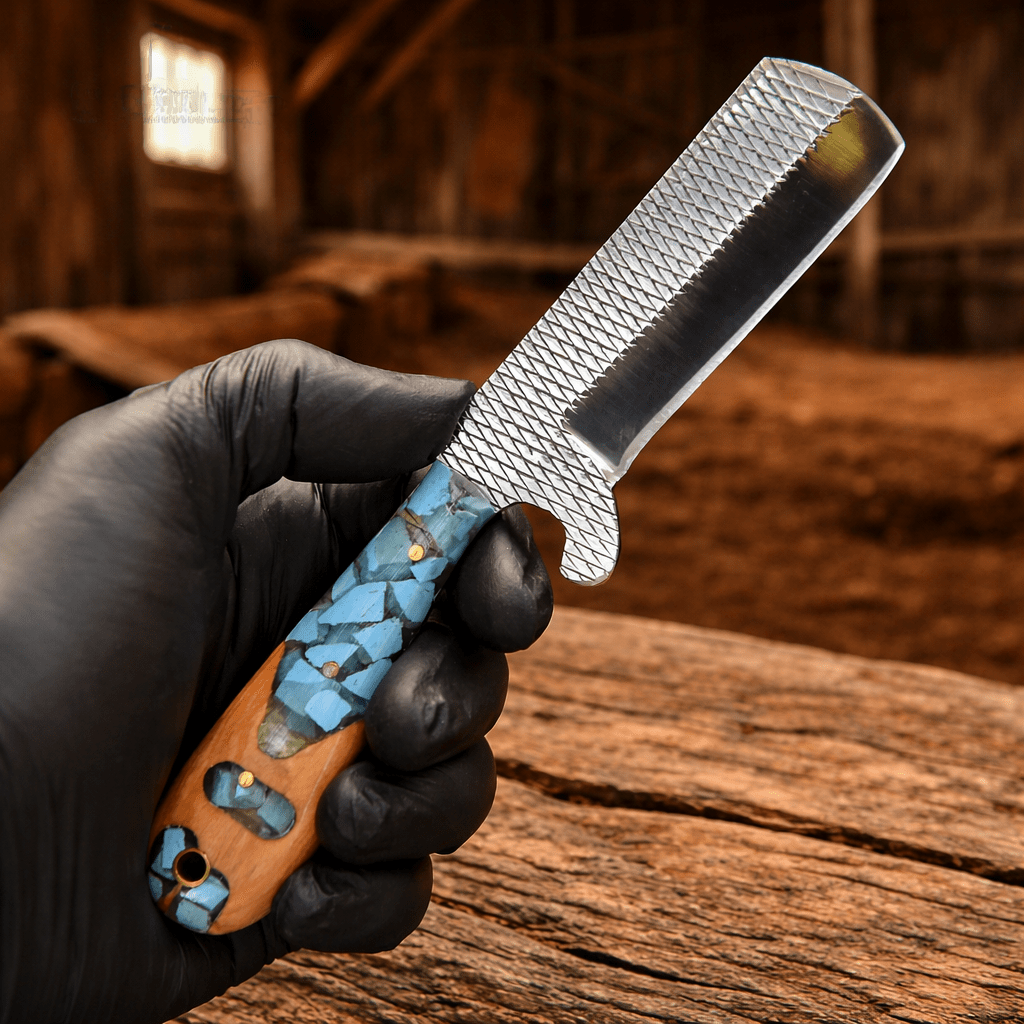 Handmade Cowboy Bull Cutter Knife – Rasp File Steel Blade with Turquoise & Wood Handle - SHAM KNIVES Hunting KnifesSHAM KNIVESHandmade Cowboy Bull Cutter Knife – Rasp File Steel Blade with Turquoise & Wood Handle
