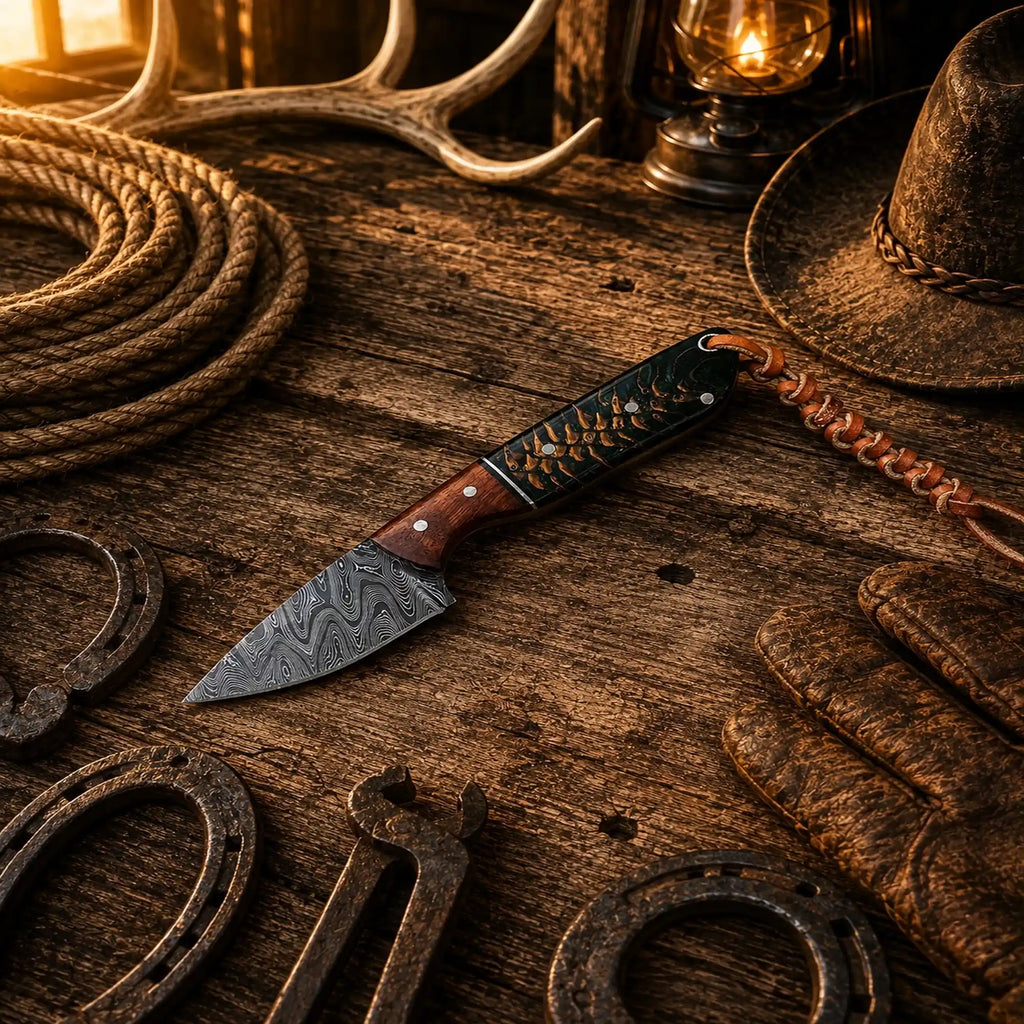 Handmade County Rodeo Carry Knife with Damascus steel blade and pine cone resin wood handle.