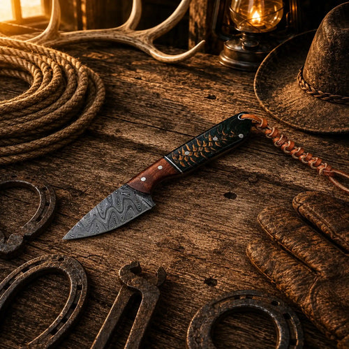 Handmade County Rodeo Carry Knife with Damascus steel blade and pine cone resin wood handle.
