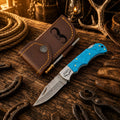 Handmade Cowboy Damascus folding pocket knife with turquoise handle with leather sheath.