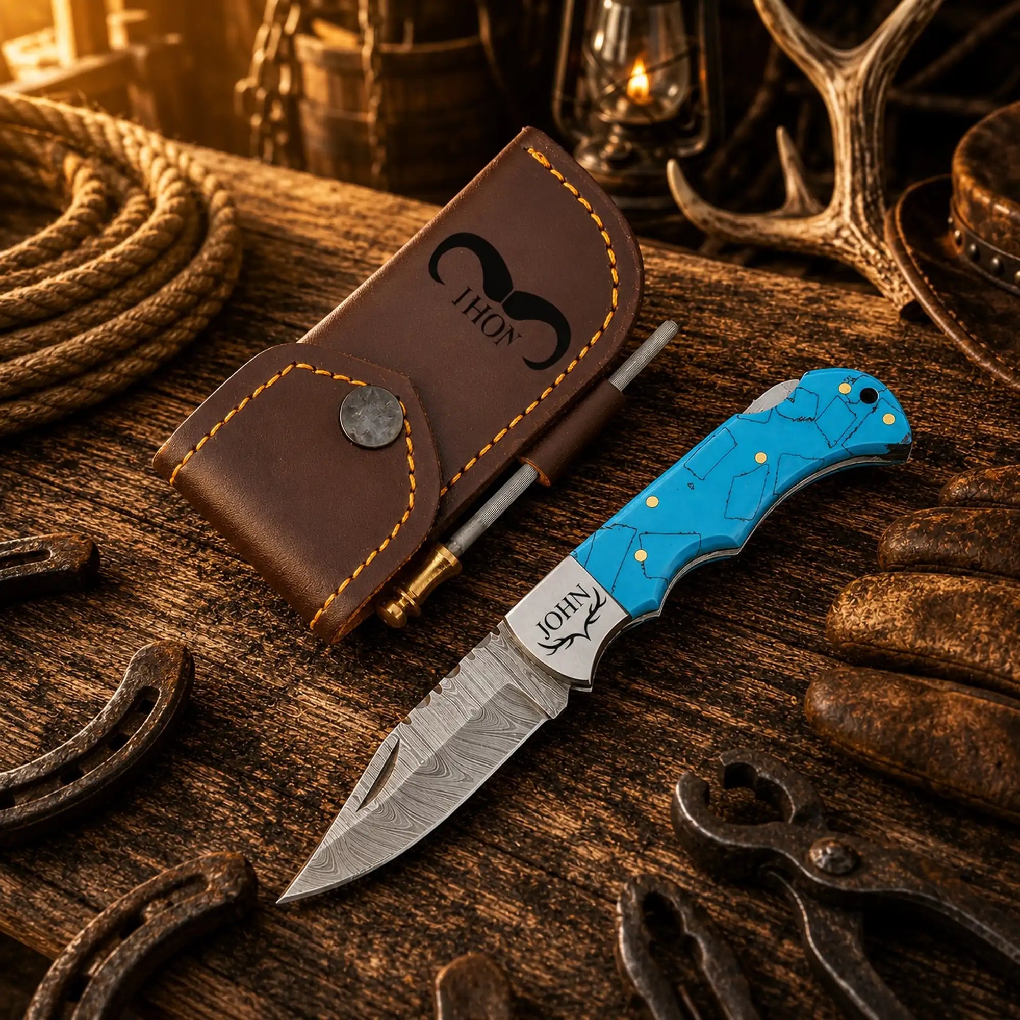 Handmade Cowboy Damascus folding pocket knife with turquoise handle with leather sheath.